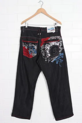 5IVE JUNGLE Contrast Stitch Y2K Embroidered Music Jeans (36)