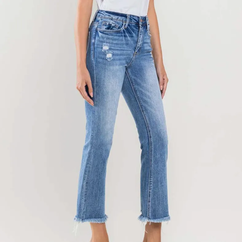 Amber Cropped Frayed Hem Medium Wash Flare Jeans