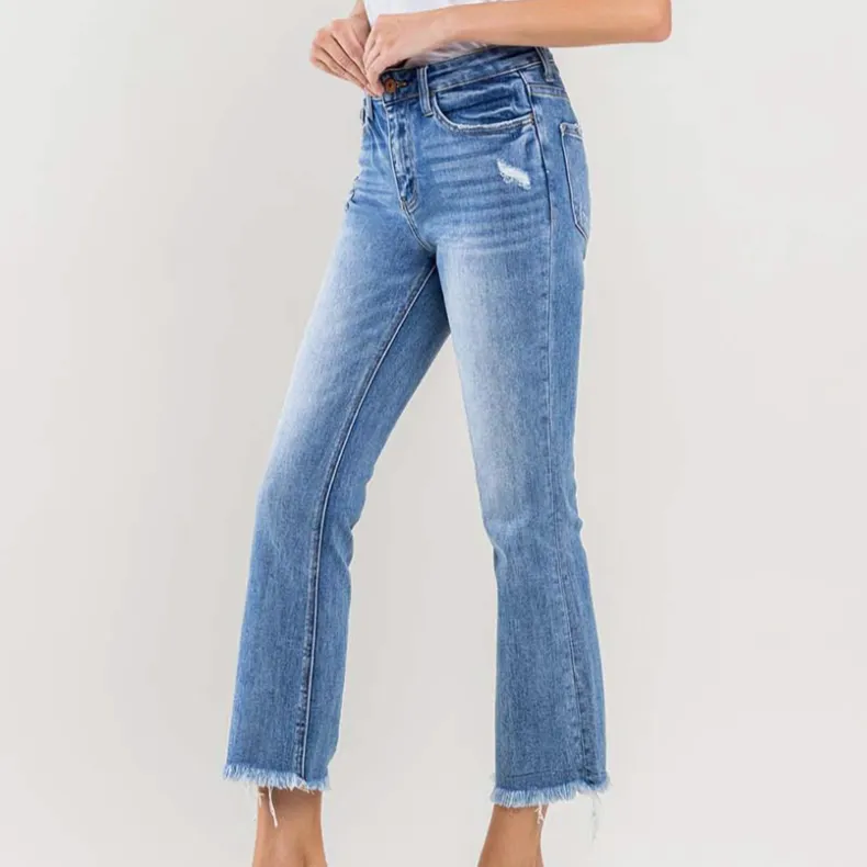 Amber Cropped Frayed Hem Medium Wash Flare Jeans