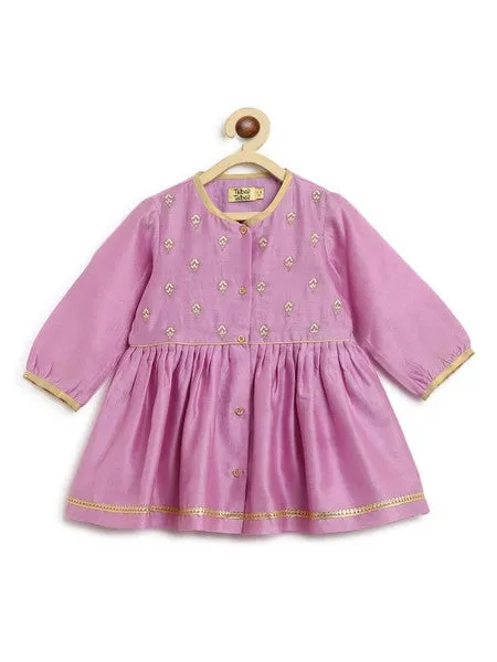 Baby Girl Chanderi Angrakha Suit Set Embroidered- Purple