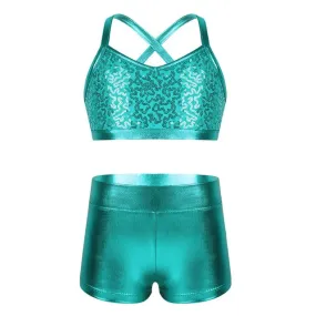 Barbra Girls Sequins Crop Top and Dance Pants Shorts Set Available in 5 Colors and Ages 5-14