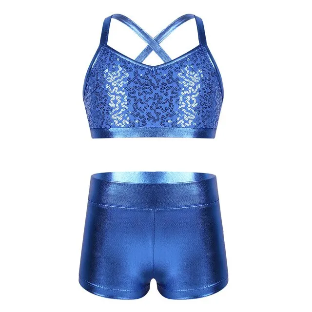 Barbra Girls Sequins Crop Top and Dance Pants Shorts Set Available in 5 Colors and Ages 5-14