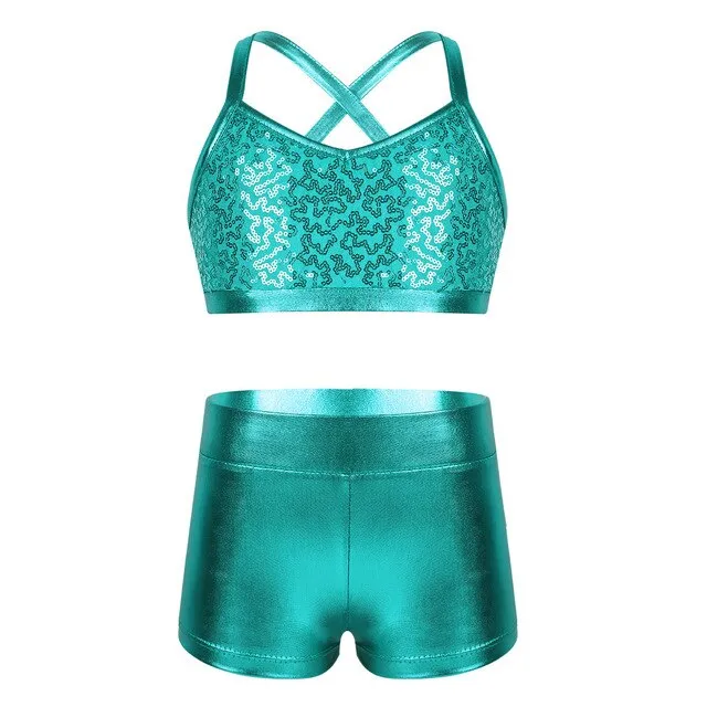 Barbra Girls Sequins Crop Top and Dance Pants Shorts Set Available in 5 Colors and Ages 5-14