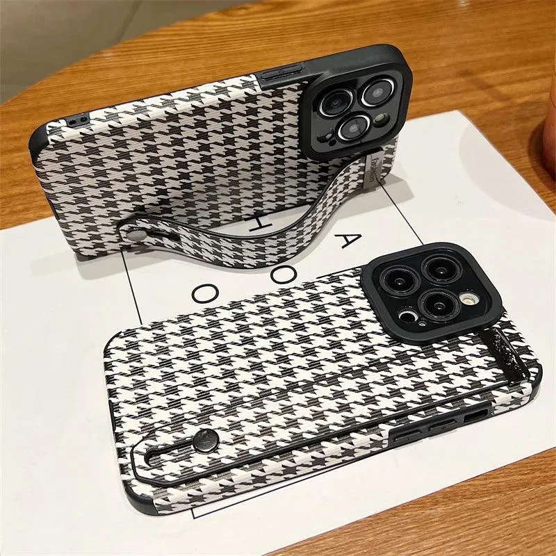 Cute Houndstooth Leather Phone Case for iPhone 14, 13, 12, 11 Pro Max, XR, X, XS, 7, 8 Plus