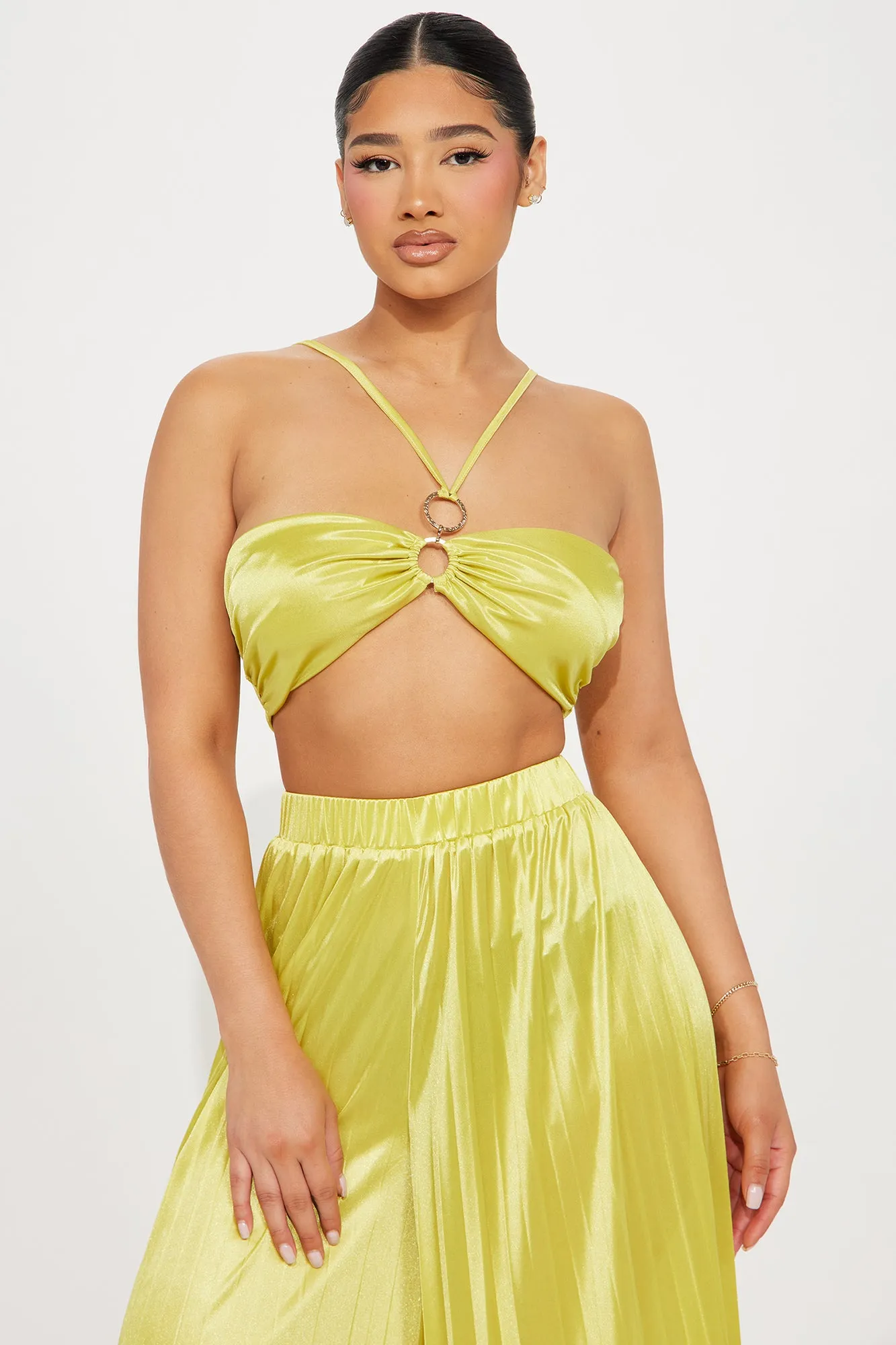 Dreamy Feeling Satin Pant Set - Chartreuse