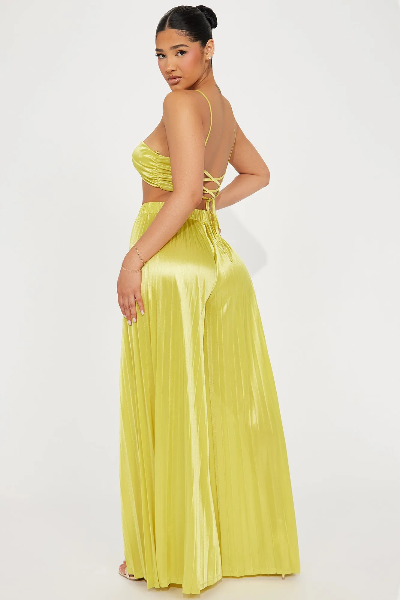 Dreamy Feeling Satin Pant Set - Chartreuse