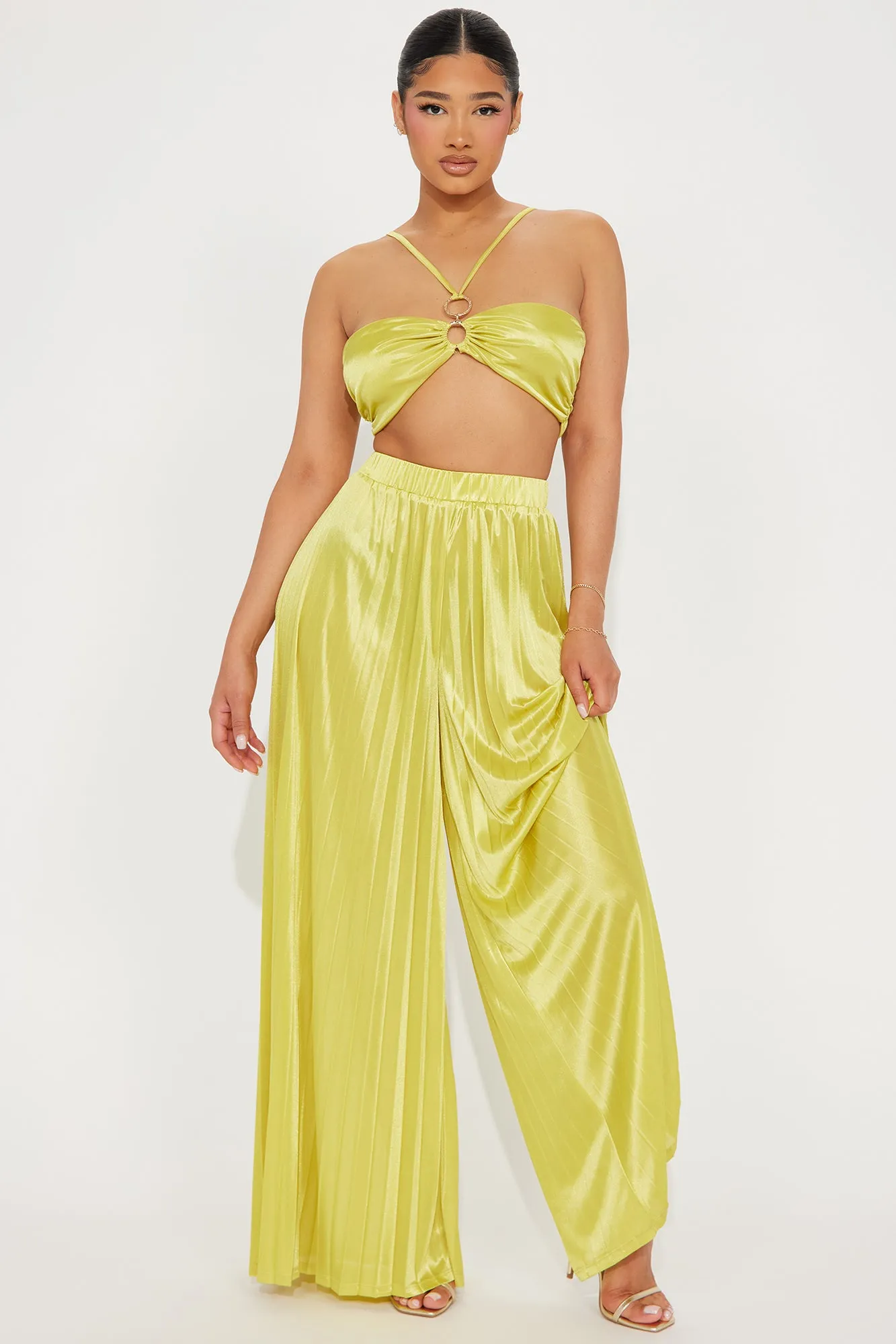 Dreamy Feeling Satin Pant Set - Chartreuse