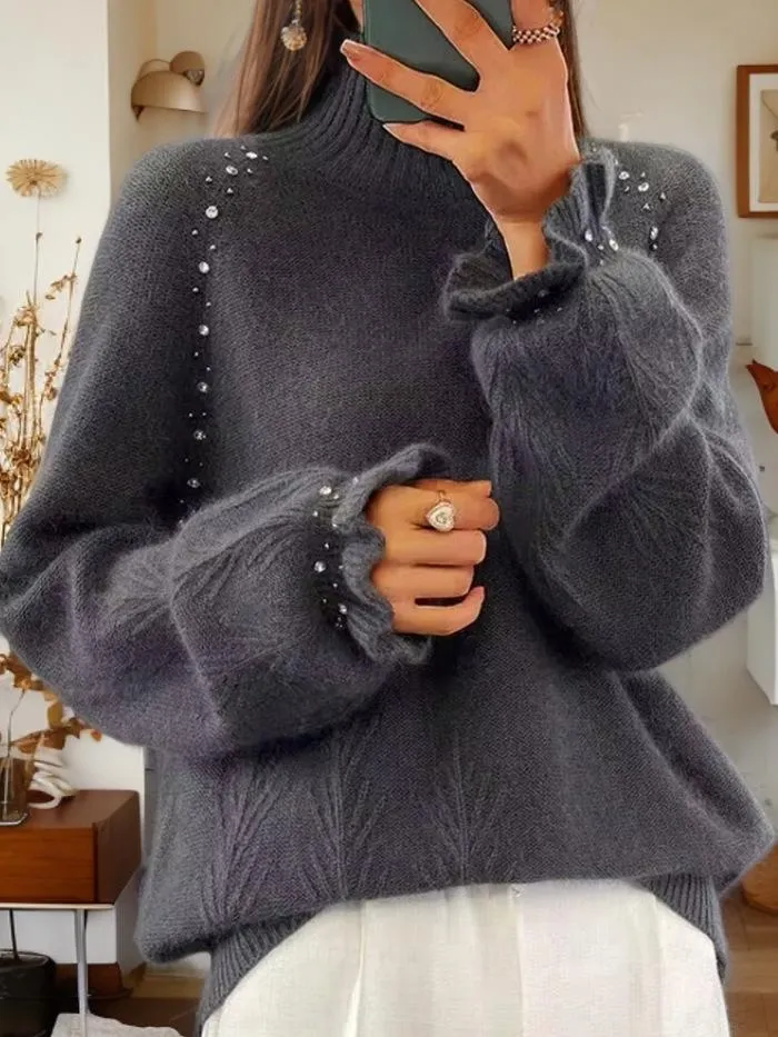 Elegant Turtle-neck Embellished Jacquard Knitted Pullover Sweater