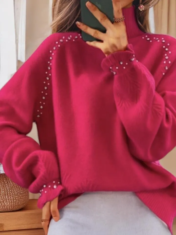 Elegant Turtle-neck Embellished Jacquard Knitted Pullover Sweater