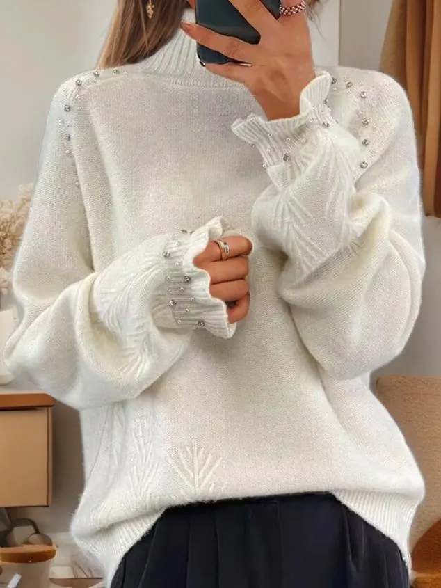 Elegant Turtle-neck Embellished Jacquard Knitted Pullover Sweater