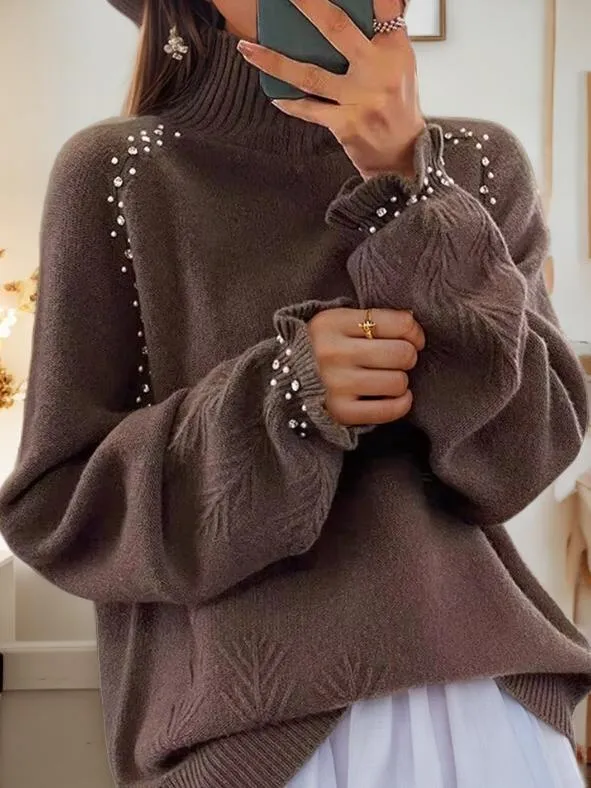 Elegant Turtle-neck Embellished Jacquard Knitted Pullover Sweater