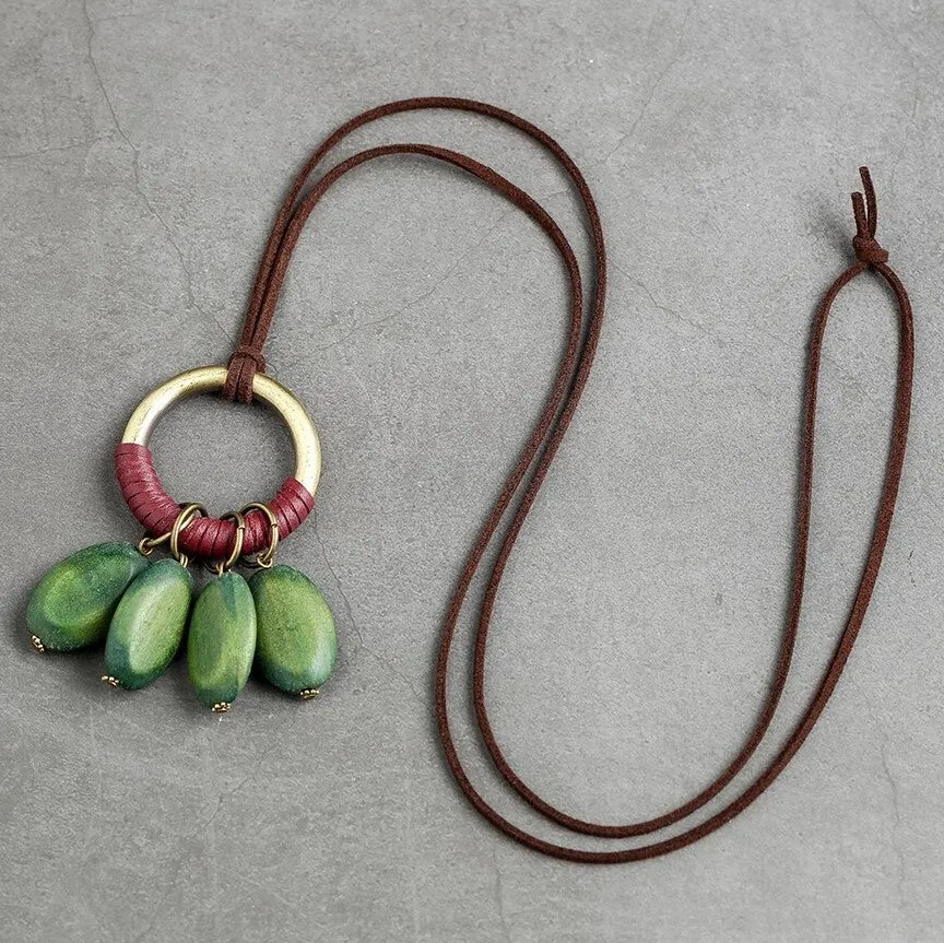 Green Wooden Pod Leather Necklace