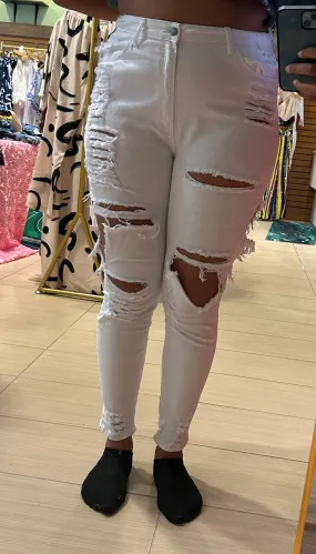 High Rise Destroyed Skinny White Jeans