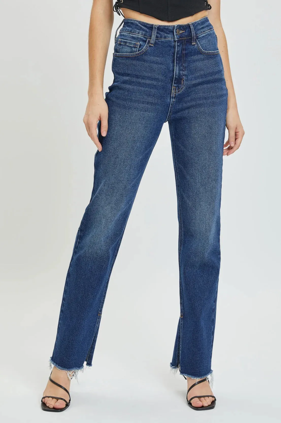 High Rise Full Length Straight Denim Pants with Inseam Slit