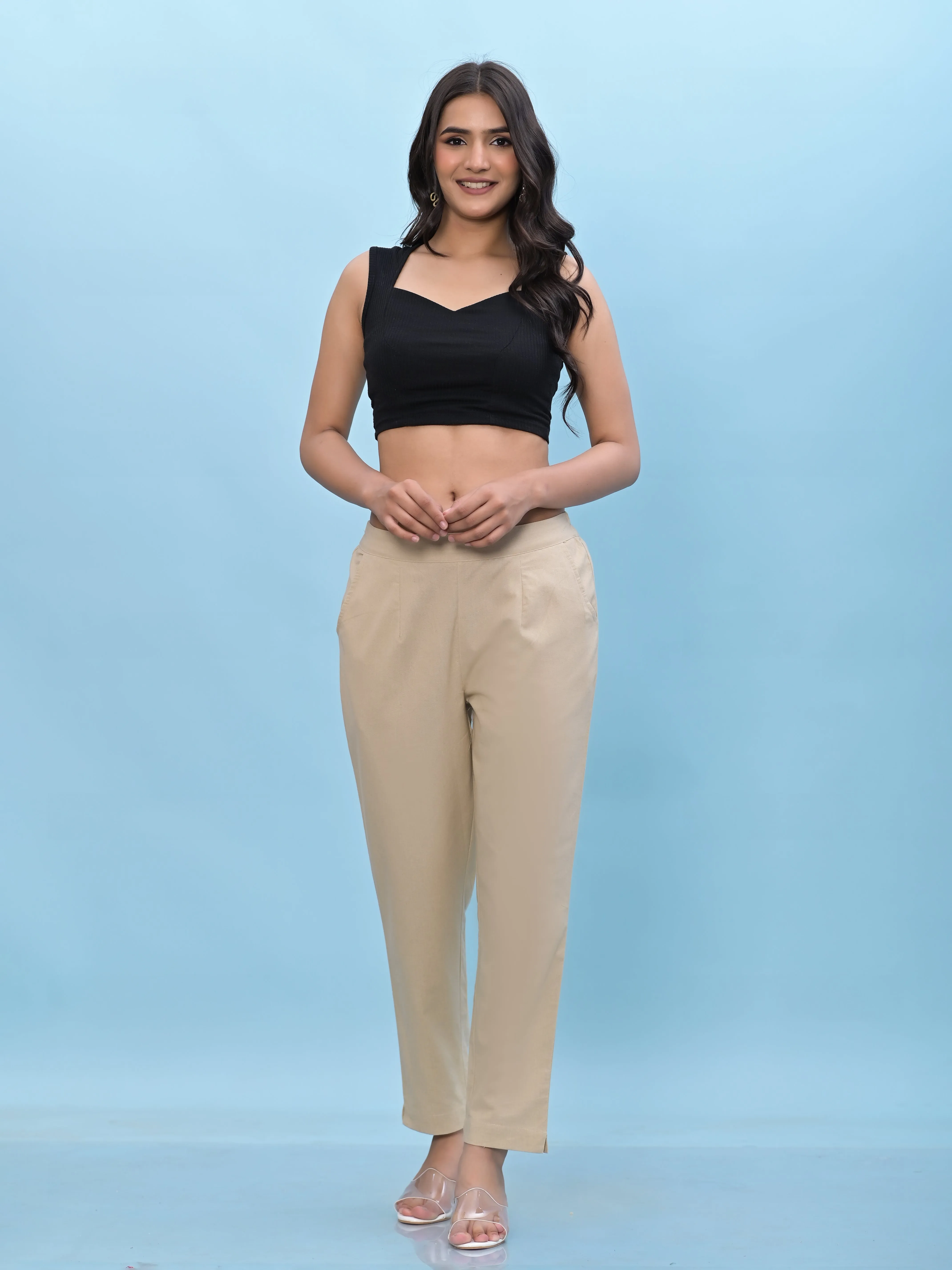 Jashvi Women Beige Solid Cotton Pants with Partially Elasticated Waistband and Two Side Pockets