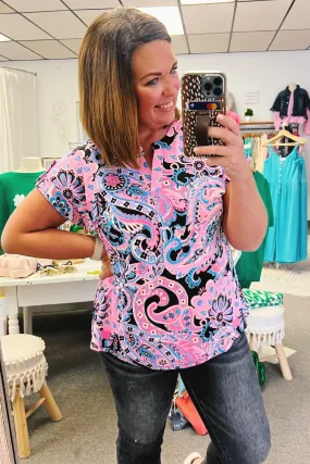 Lizzy Cap Sleeve Top in Pink and Black Paisley