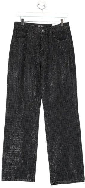 MANGO Black Wide Leg Jeans With Rhinestone UK 10