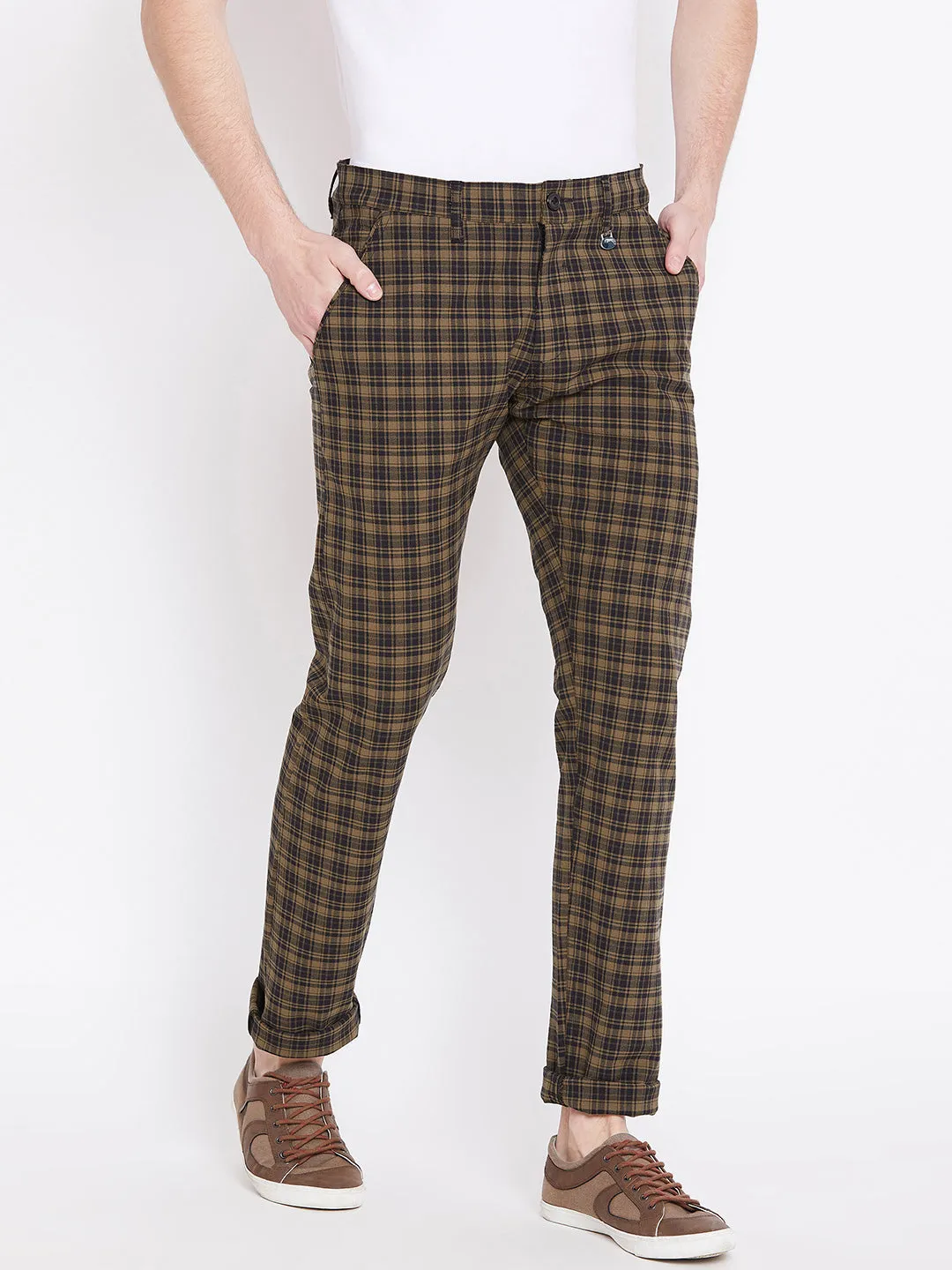 Men Brown Checked Casual Slim Fit Trousers