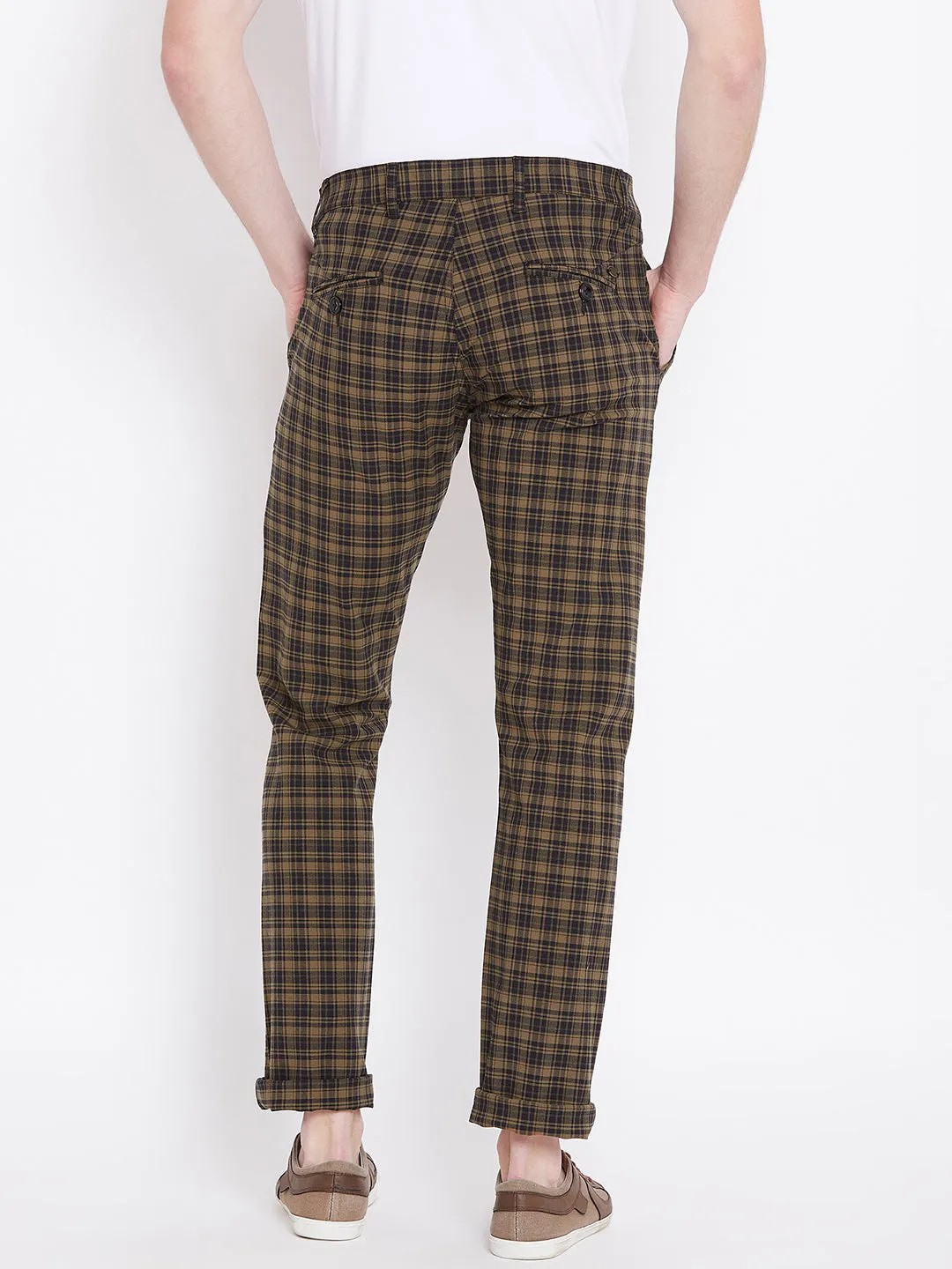 Men Brown Checked Casual Slim Fit Trousers