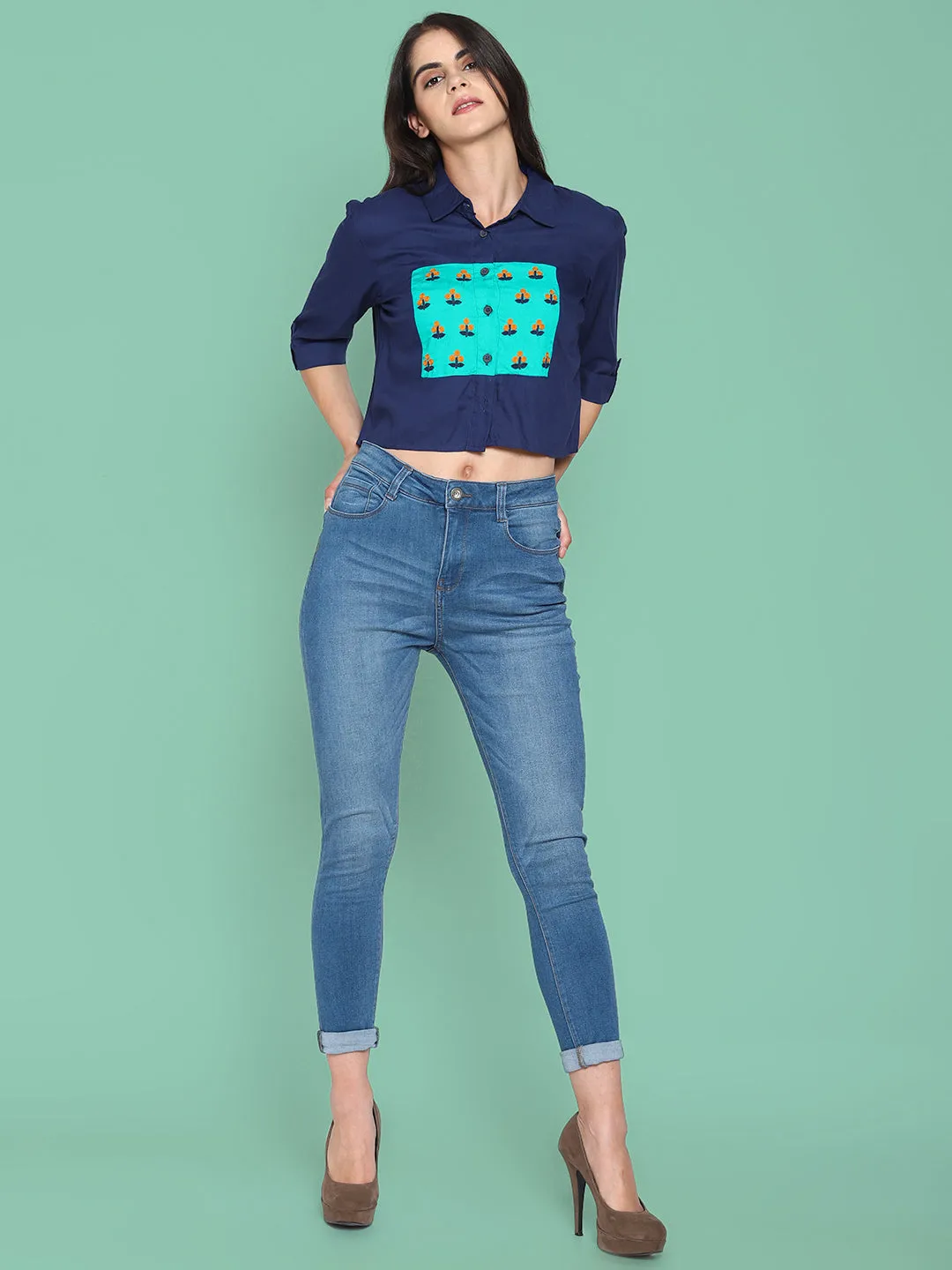 Navy Bluecolor Block Crop Top With Embroidery