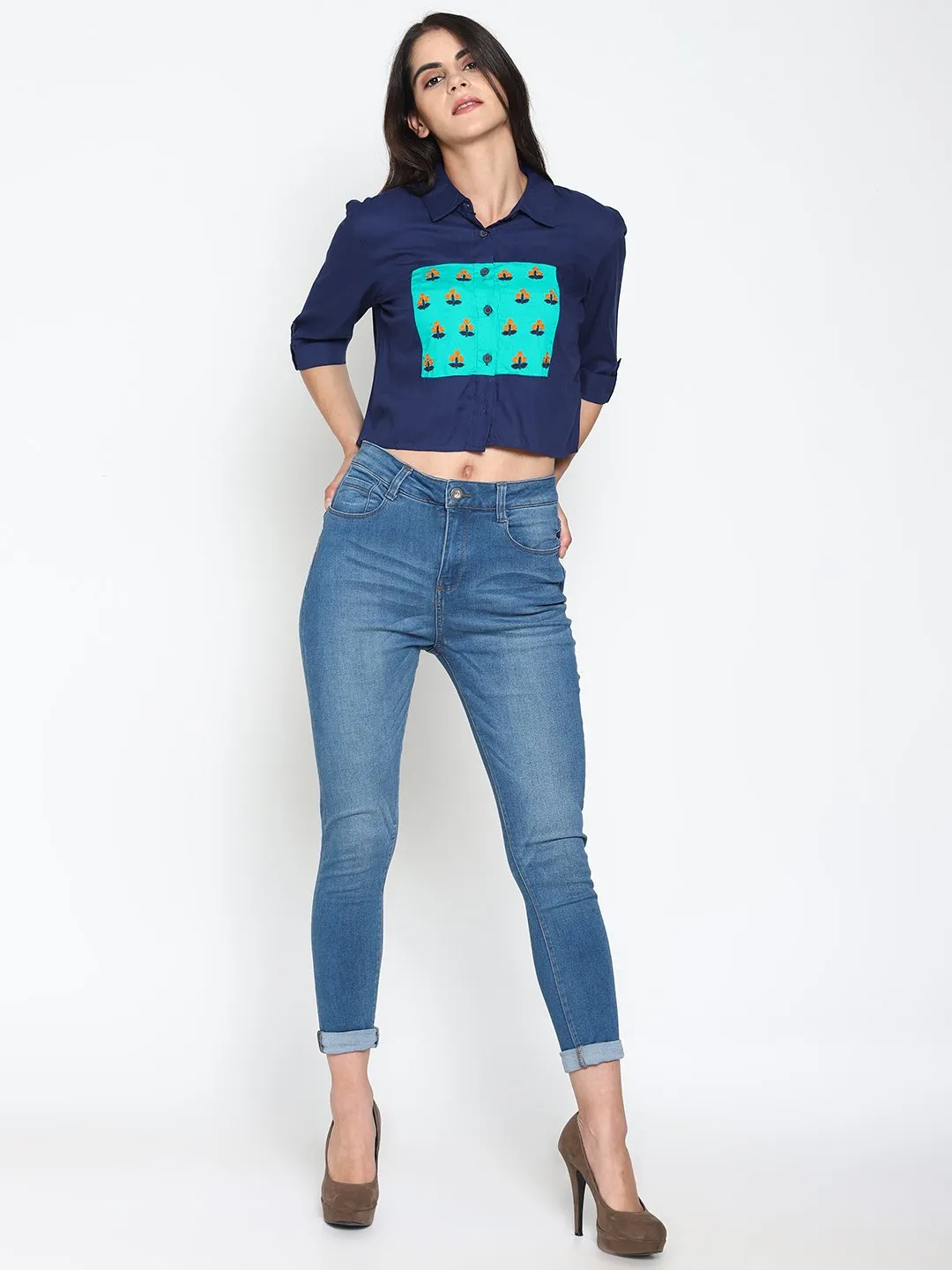 Navy Bluecolor Block Crop Top With Embroidery