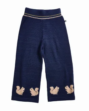 OEUF Handle With Care Intarsia Wide Leg Knit Squirrel Motif Pants in Indigo