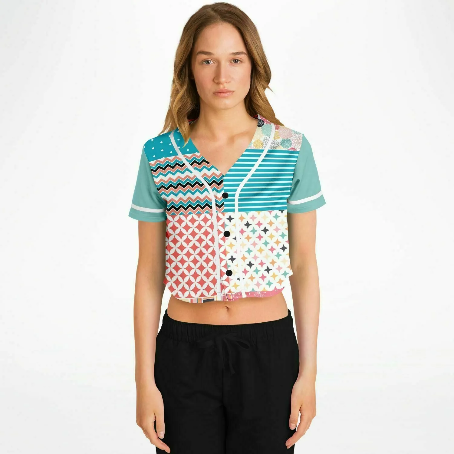 Old Miami Geo Patchwork Cropped Button Front Jersey