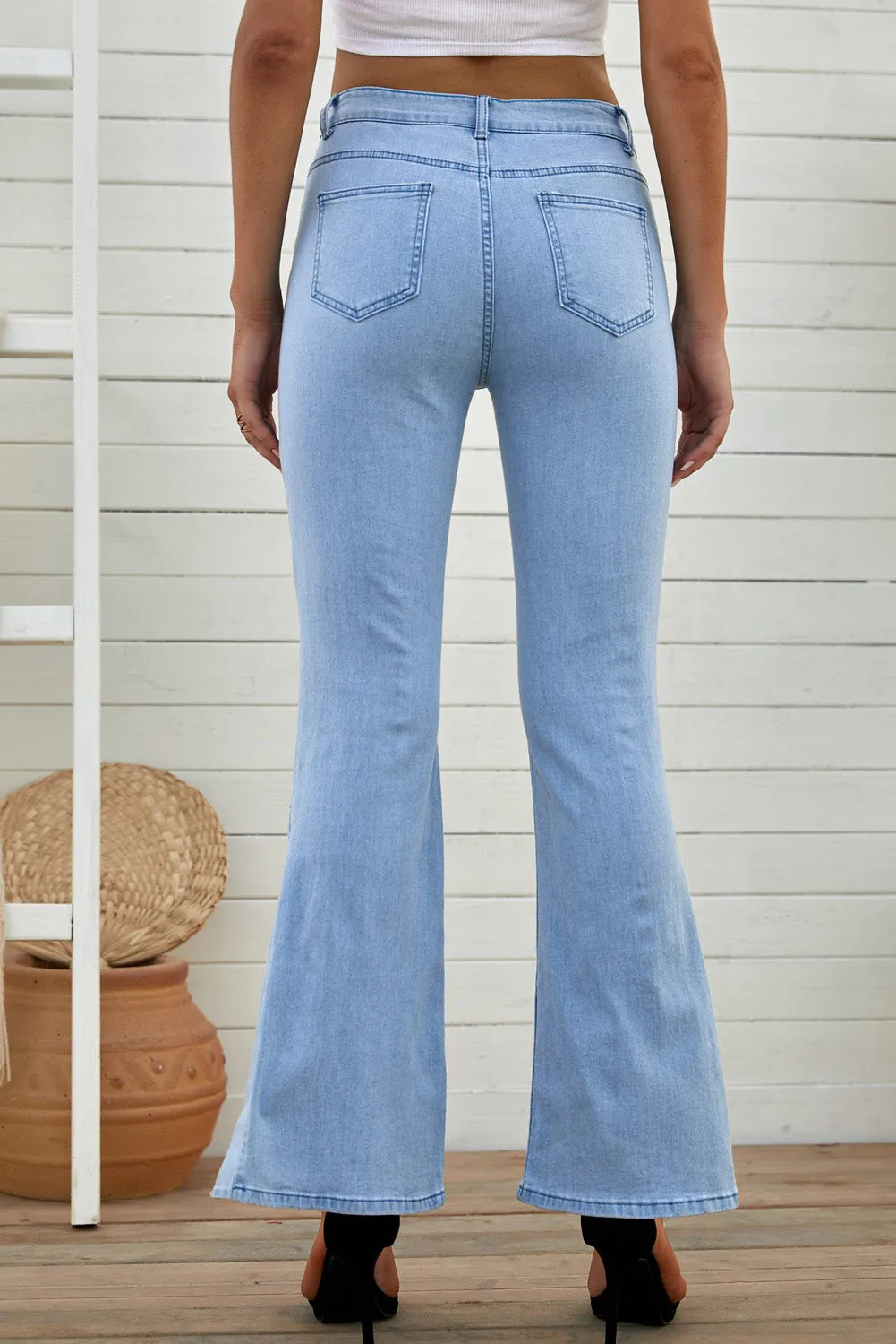 Sky Blue Wide Leg Split Hemline Flared Jeans