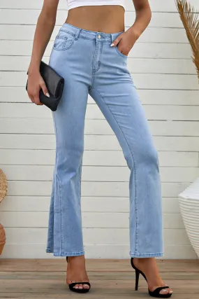 Sky Blue Wide Leg Split Hemline Flared Jeans