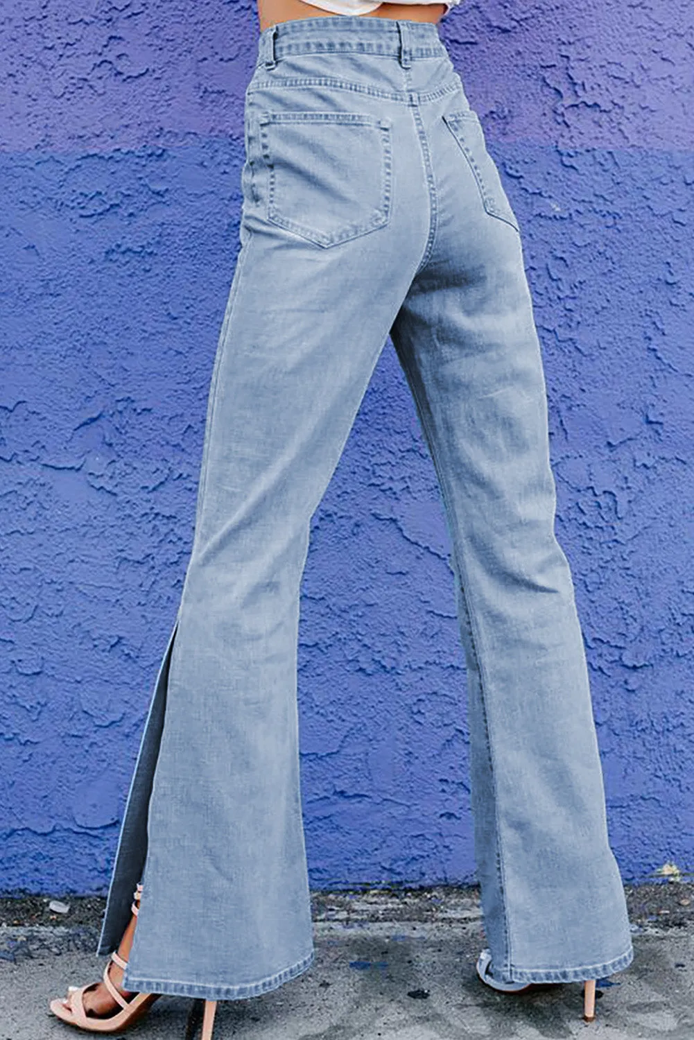 Sky Blue Wide Leg Split Hemline Flared Jeans