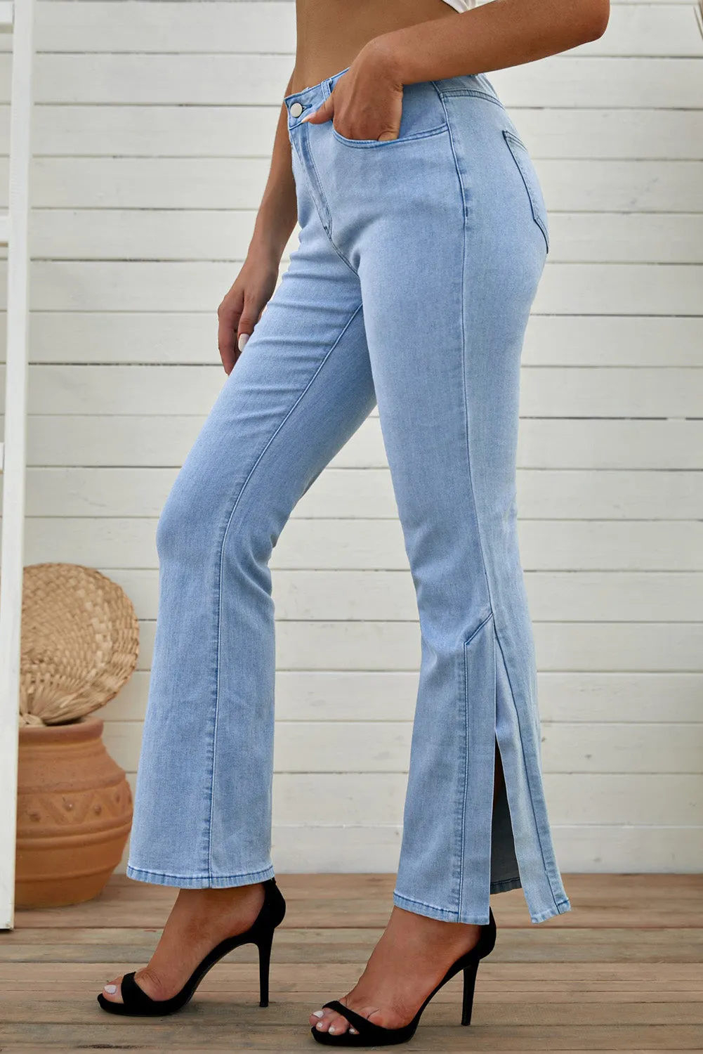 Sky Blue Wide Leg Split Hemline Flared Jeans