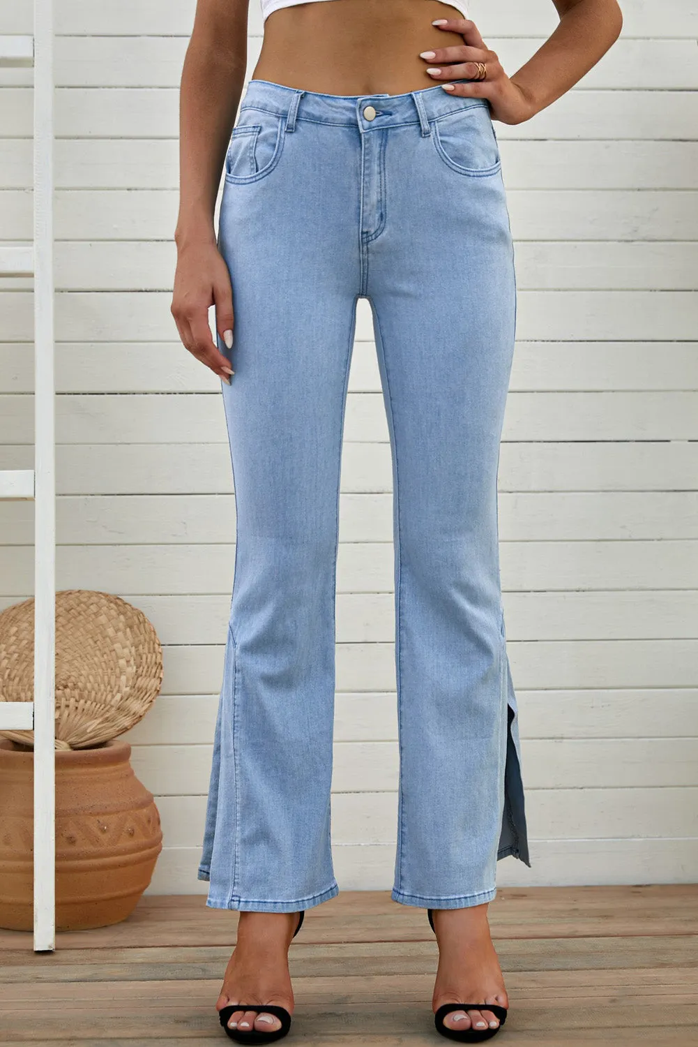 Sky Blue Wide Leg Split Hemline Flared Jeans