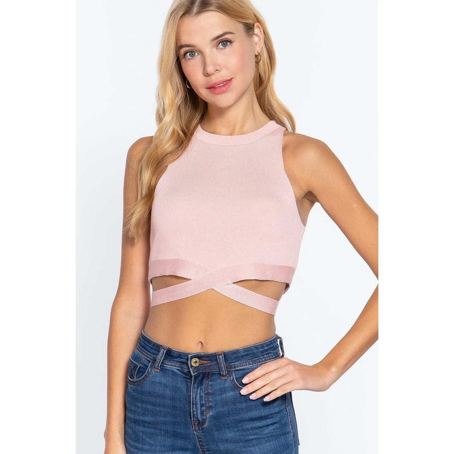 Sleeveless Crew Neck Waist Tie Crop Sweater Top