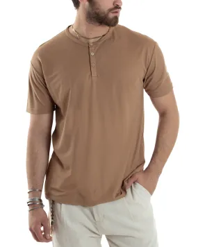 T-shirt Uomo Manica Corta Viscosa Collo Serafino Maglia Con Bottoni Casual Camel GIOSAL-TS3038A