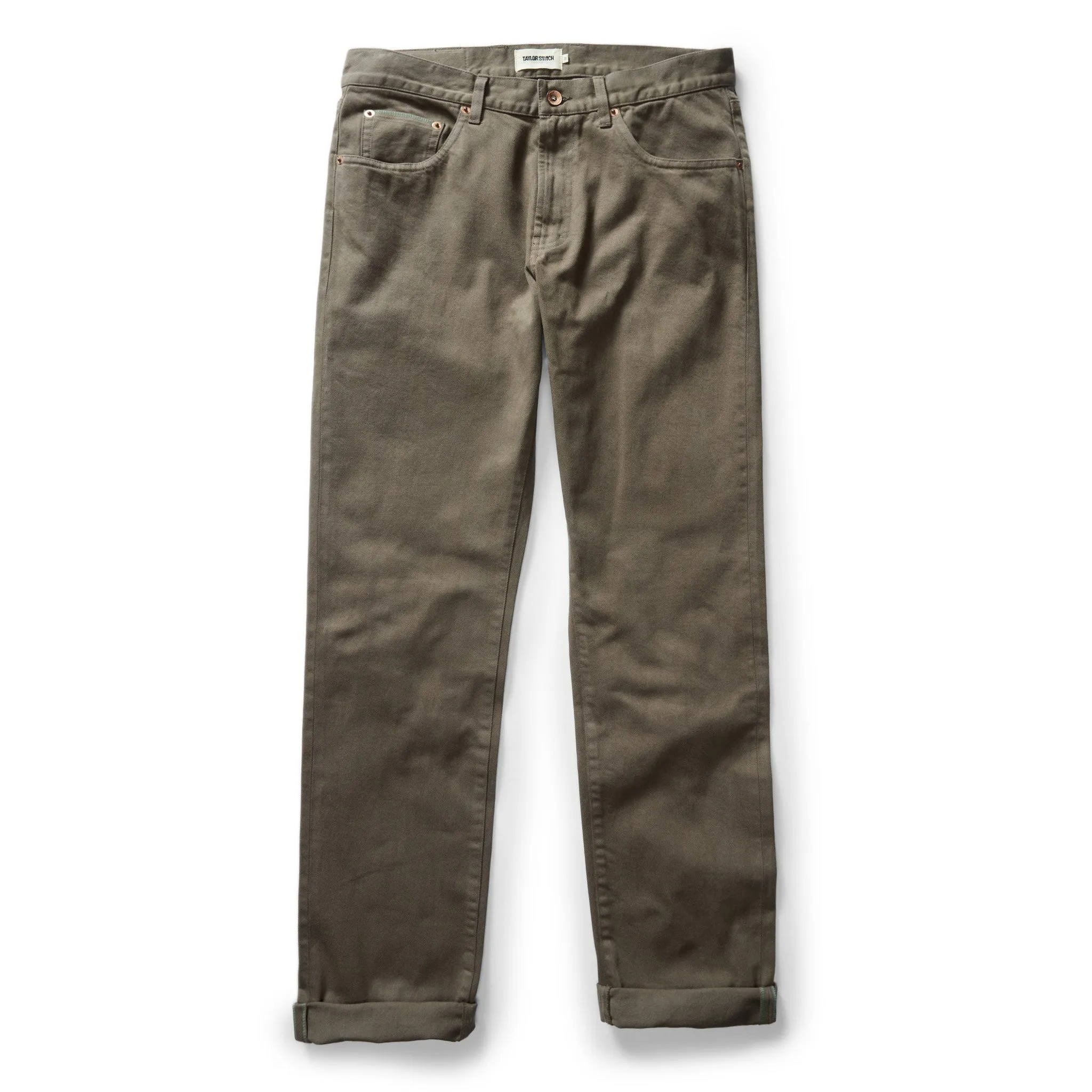 The Democratic All Day Pant in Fatigue Olive Selvage Denim