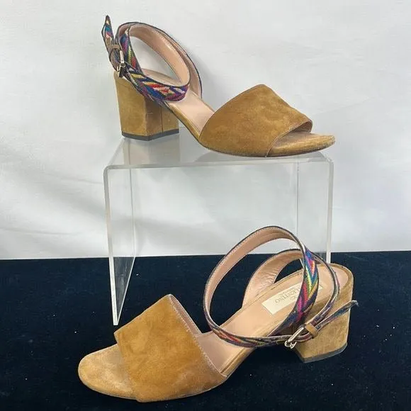 Valentino Tan Suede Block Heel with Multi Color Straps