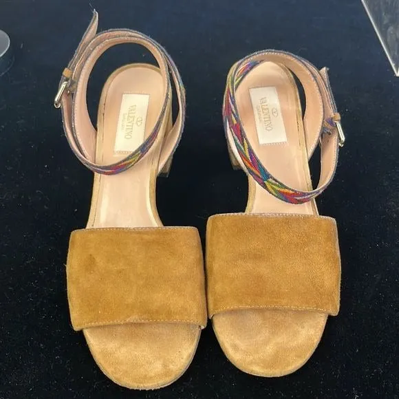 Valentino Tan Suede Block Heel with Multi Color Straps