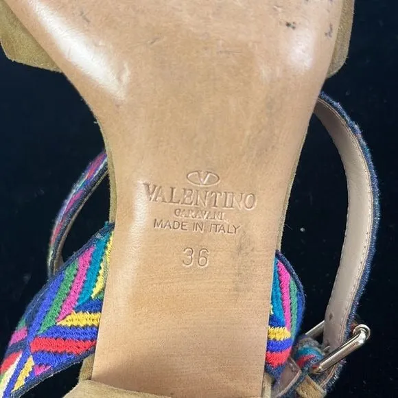 Valentino Tan Suede Block Heel with Multi Color Straps