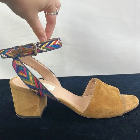 Valentino Tan Suede Block Heel with Multi Color Straps