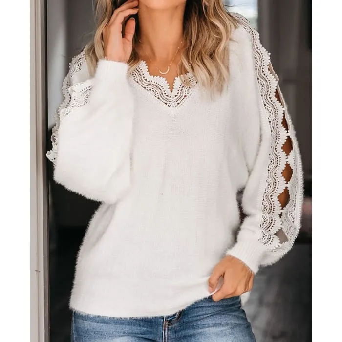 White Open Lacework Soft Sweater