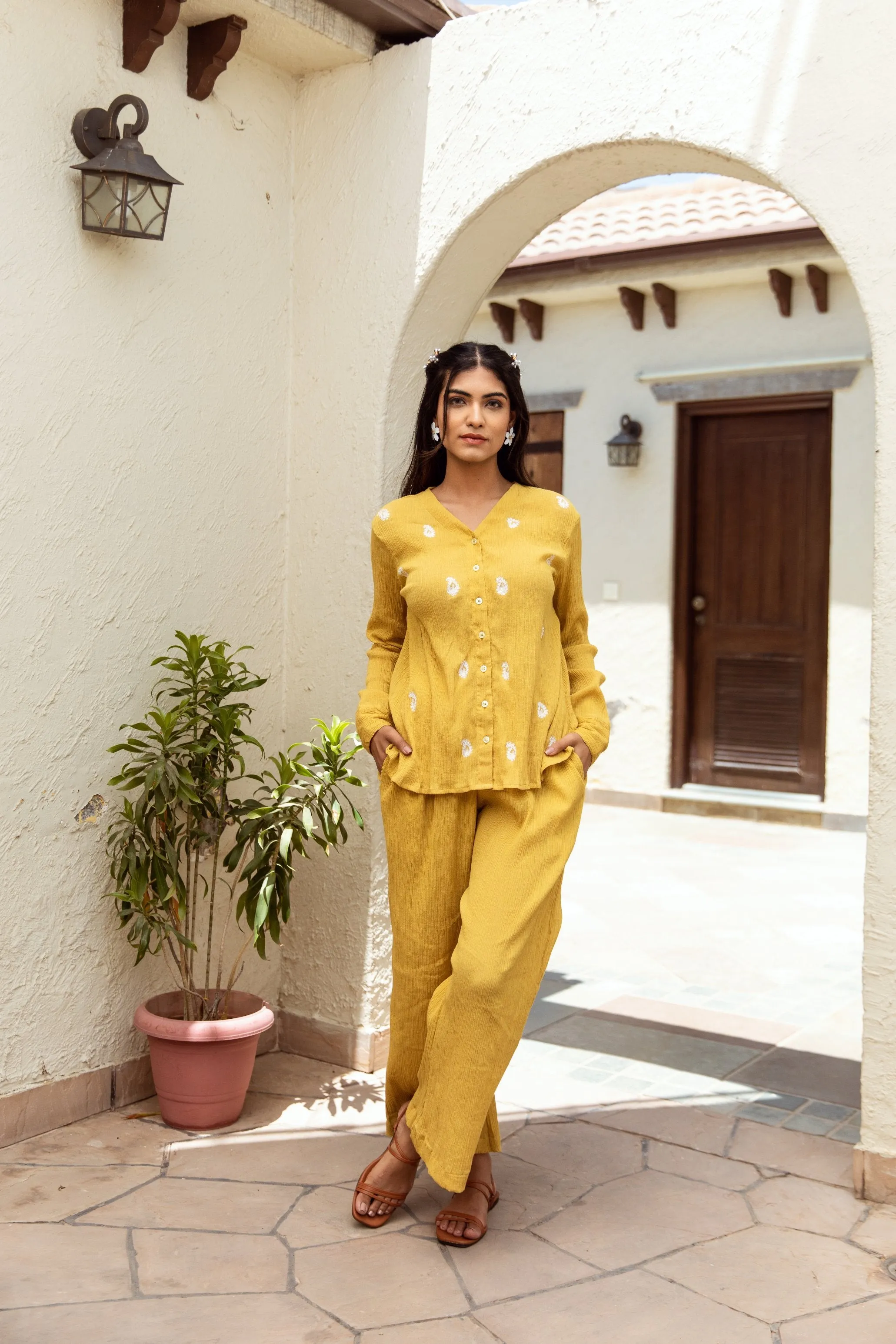 Yellow cotton gauze embroidered co-ord set