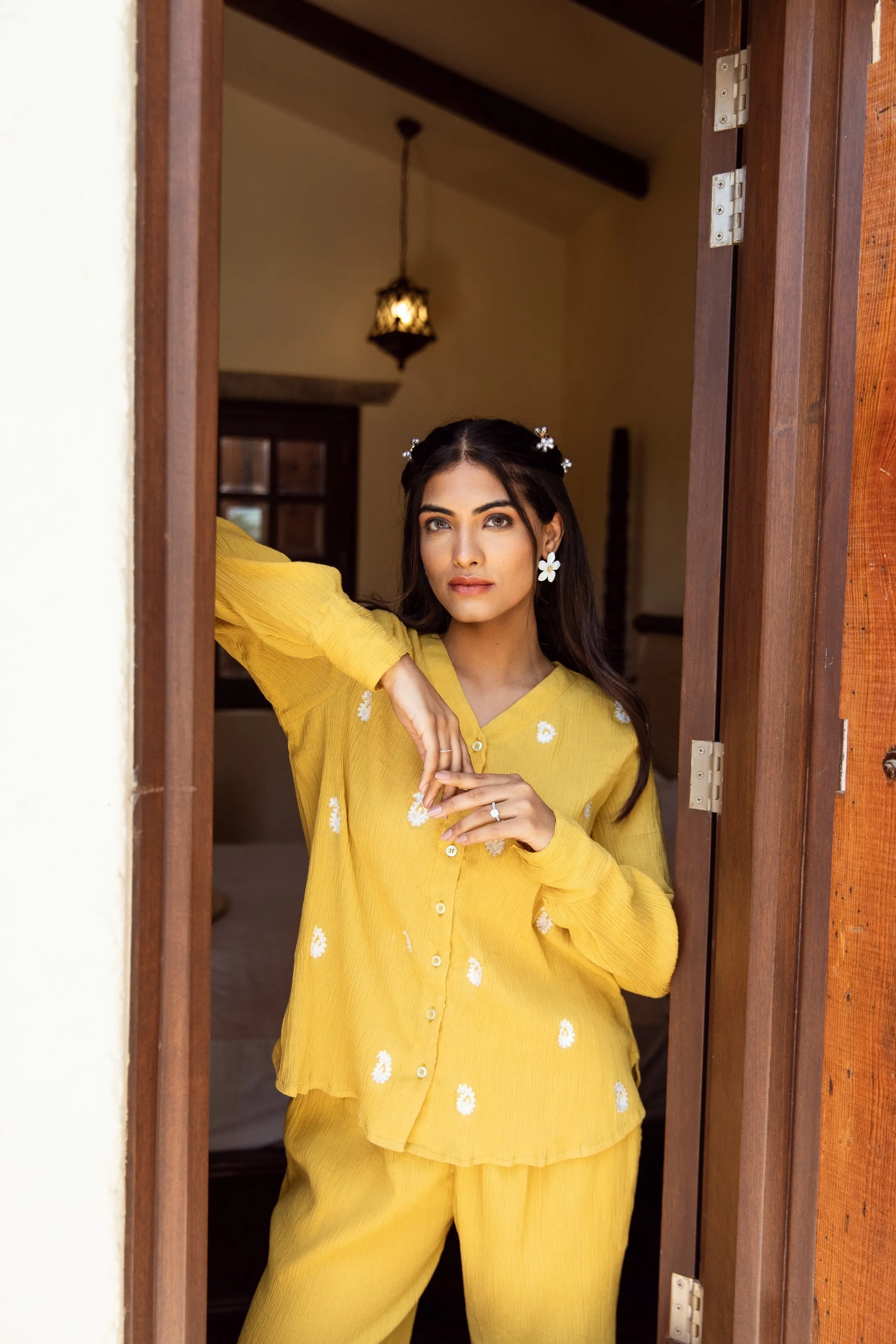 Yellow cotton gauze embroidered co-ord set