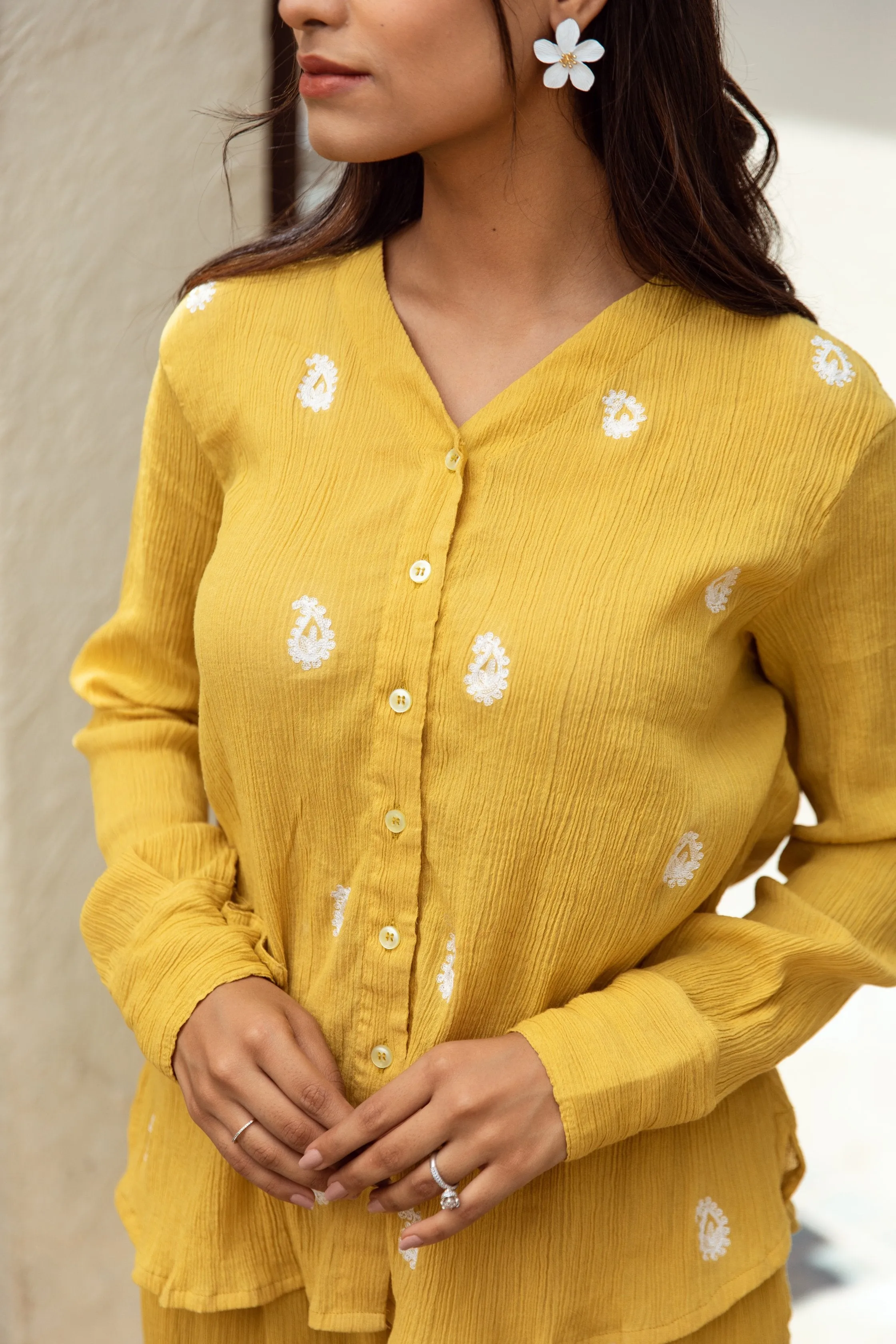 Yellow cotton gauze embroidered co-ord set