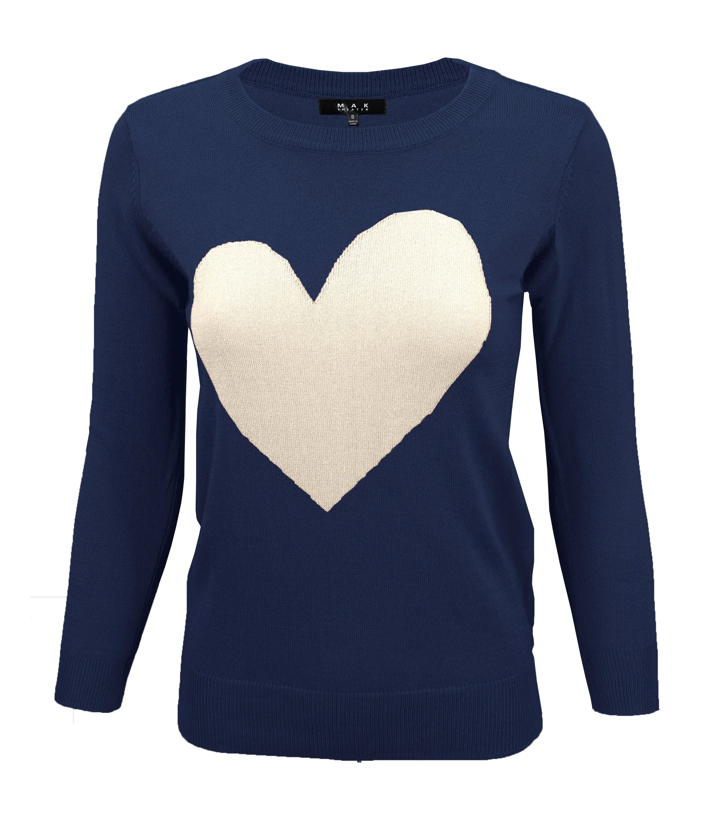 YEMAK Women's Love Heart Chenille Crewneck 3/4 Sleeve Casual Pullover Sweater MK3595