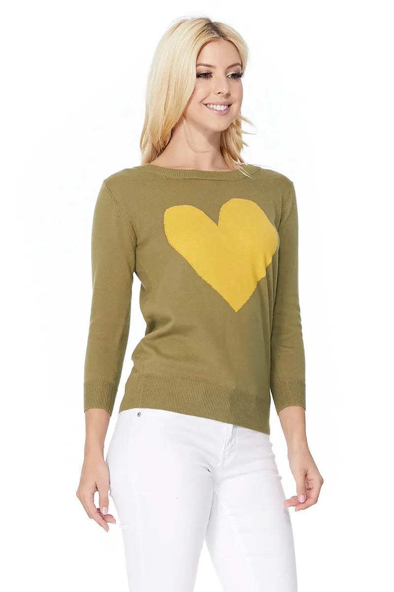 YEMAK Women's Love Heart Chenille Crewneck 3/4 Sleeve Casual Pullover Sweater MK3595